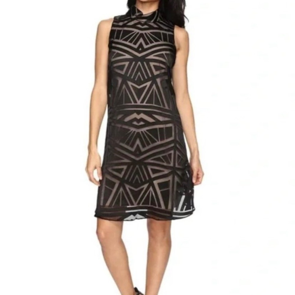 Vince Camuto Black‎ Geometric Burnout Overlay Sheer Mock Neck Cocktail Dress 10 - Picture 2 of 11